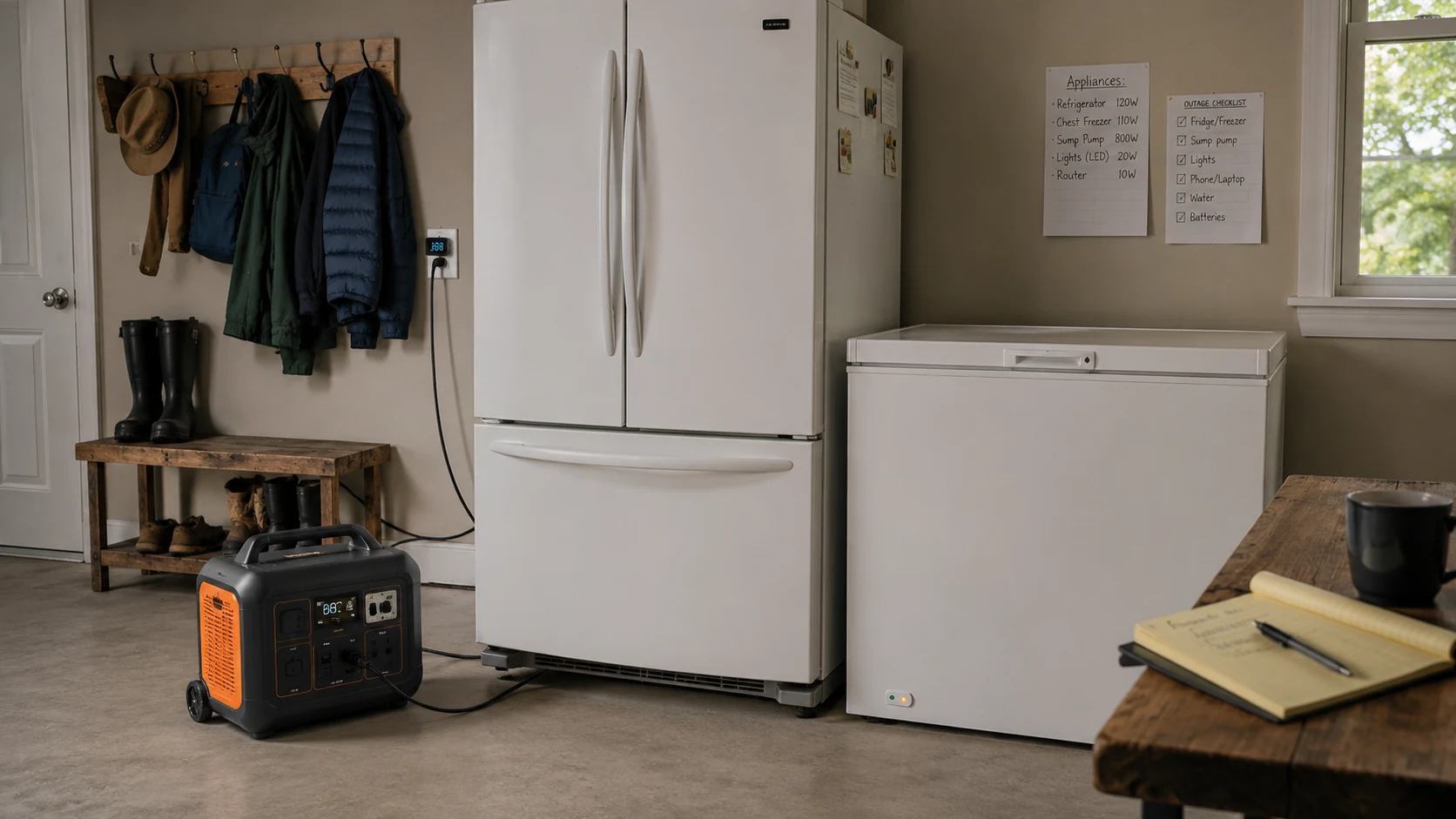 A portable power station connected to a kitchen refrigerator and a chest freezer during an outage